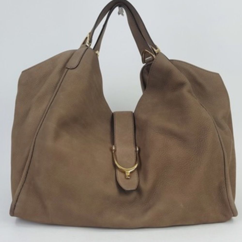GUCCI Light Brown Nubuck Leather Large Stirrup Shoulder Handbag Bag